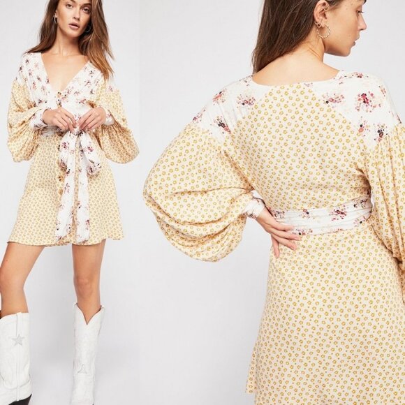 Free People Wonderland‎ Mini Dress Button Down Tie Waist Floral Size XS Bohemian - Picture 4 of 16